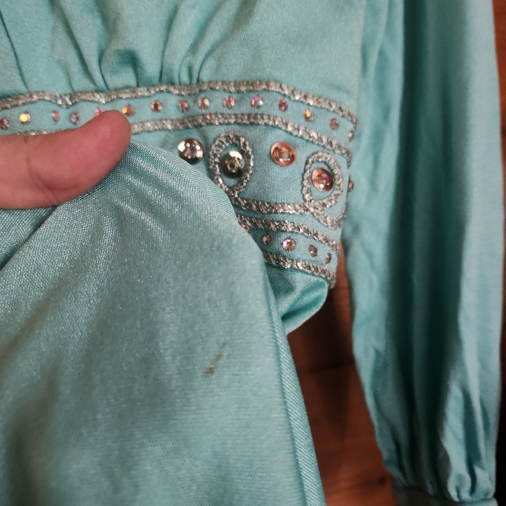 ILGWU Vintage 70s Maxi Dress Empire Waist Praire Retro Sequin Embellish Sz 26/2 - Picture 12 of 13